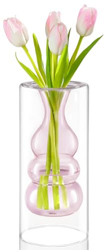 ZENS Moderne rosa Glasvase, mundgeblasen, ausgehöhlte Blase, dekorative Glasblumenvasen für Hochzeitsdekoration, Zuhause, Kleiner Blumenstrauß.