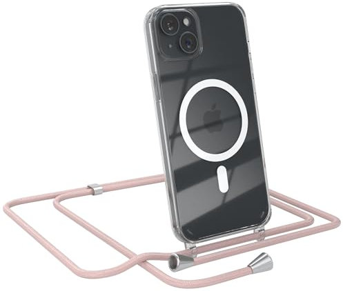 EAZY CASE - Handykette kompatibel mit iPhone 15 Plus Kette zum Umhängen Stoßfest Handyhülle für iPhone 15 Plus Silikon Hülle mit Band Handytasche Transparent als Fallschutz in Rosé-Gold