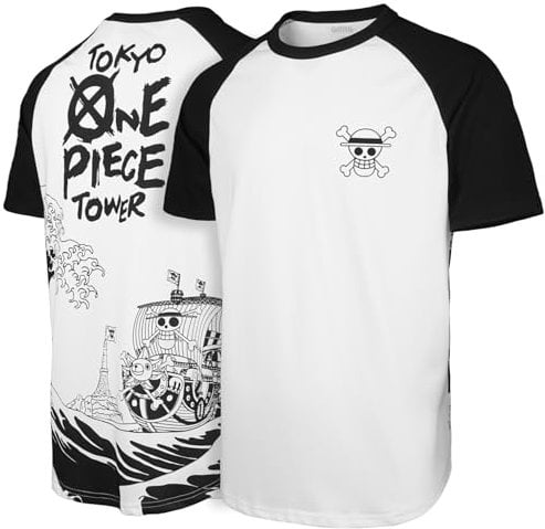 Great Wave Off Kanagawa Ukiyo-e Art Mix One Luffy Piece Thousand Sunny Pirate Ship Japanese Anime 100% Heavy Cotton Mens Raglan Baseball Short Sleeve T-Shirt(L,Short Black/White)