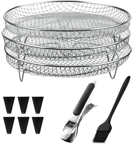 Konesky Griglia per friggitrice ad aria a 3 strati, vassoio per friggitrice ad aria in acciaio inox, accessori per friggitrice ad aria, impilabile, per forno, microonde, cottura e arrosto