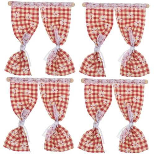 TOYANDONA 4pcs Dollhouse Curtains Cloth Miniature Flower Window Curtain Tiny House Toile Curtains Mini Lace Curtain Model Dollhouse Window Accessory Red