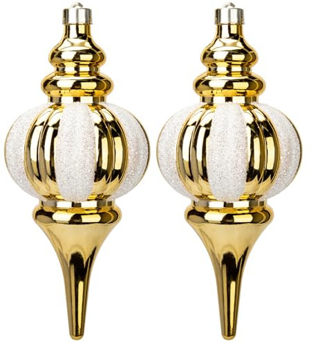 Hollyone 26x11cm Large Christmas Finial Bauble, 2PCS White & Gold Xmas Ball for Christmas Tree Decorations, Glittery Stripe Baubles Giant Hanging Ornaments for Tree Decor, Wedding, Party, Wreath