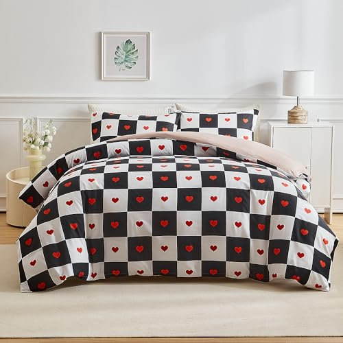 Nyescasa Bettwäsche Kariert 135x200 2 Teilig Schwarz Weiß Karo Bettwäsche-Set Rot Liebe Wendebettwäsche Bunt Weiche Mikrofaser Bettbezug mit Reißverschluss und Kissenbezug 80x80cm für Kinder