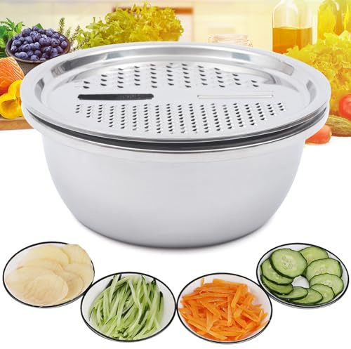 MIIWWOWO Multifunctional Stainless Steel Basin Cutter Julienne Peeler 3 in 1 Drain Basket Cutter Grater Kitchen Tools, Multipurpose Julienne Grater Salad Maker Bowl with Stainless Steel Drain Basket