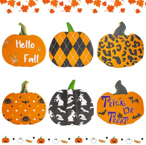 3 Pcs Halloween Pumpkin Decoration Set Wooden Fall Decoration Double Side Pumpkin Sign Wooden Fall Signs Autumn Letter Decor Halloween Desk Decorations for Thanksgiving Halloween Party A8WSQTNG