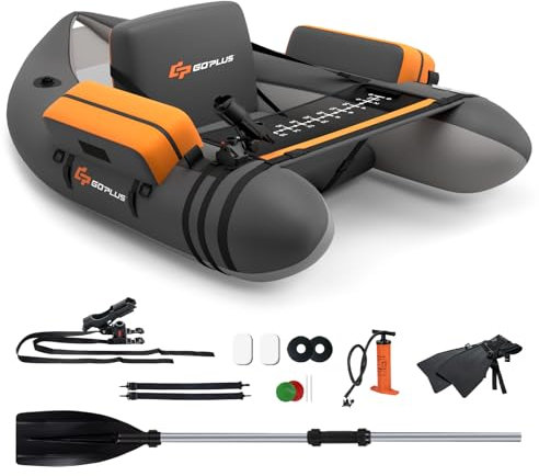GOPLUS Bellyboot, Belly Boat bis 150 kg belastbar, aufblasbares Schlauchboot zum Angeln mit Alu Paddel, Pumpe, Flossen, Fischlineal, Rutenhalter & 2 Schultergurten, 135 x 109 x 54 cm (Dunkelgrau)