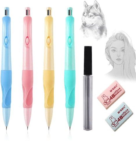 QOWUXHZ Porte Mine 2Mm Lot De 4 Porte-Mines Pastel Dans Un Étui 2Mm Lot De 8 Mines De Rechange Hb 1 Gommes Accessoires Scolaires Pour Enfants Pour Écrire Et Dessiner