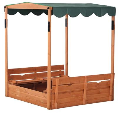 KGXUELING Holzsandkasten mit Verstellbarem Vordach, Höhenverstellbares Dach, 2 Klappbare Sitzbänke, Sandkasten mit Abdeckung für Holzspielzeug Geschenk für Kinder von 2-8 Jahren