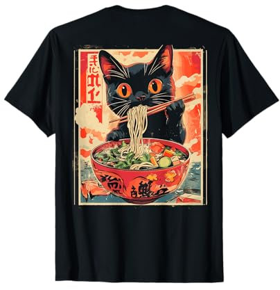 Katze Ramen Nudel Japanisch Backprint T-Shirt