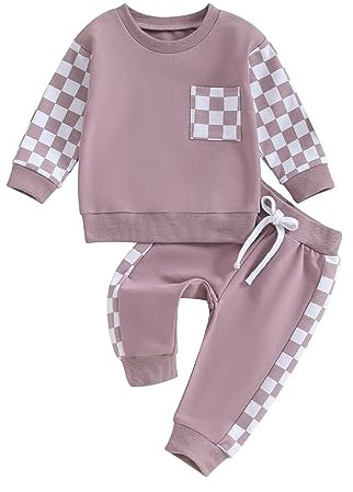 Carolilly 2 Pezzi Completo Neonato Neonata Casual Felpa Manica Lunga Stampa Scacchiera Patchwork+Pantaloni Lungi Tuta Bambini Autunno Primavera (Viola, 12-18 Months)