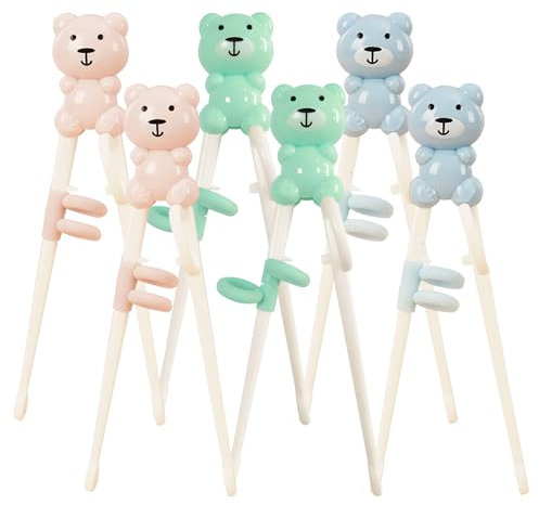 6 Pairs Kids Training Chopsticks, Xiuyer Kids Chopsticks Reusable Childrens Easy to Use Toddler Helper Learner Right or Left Handed for Childs Beginners(Bear)