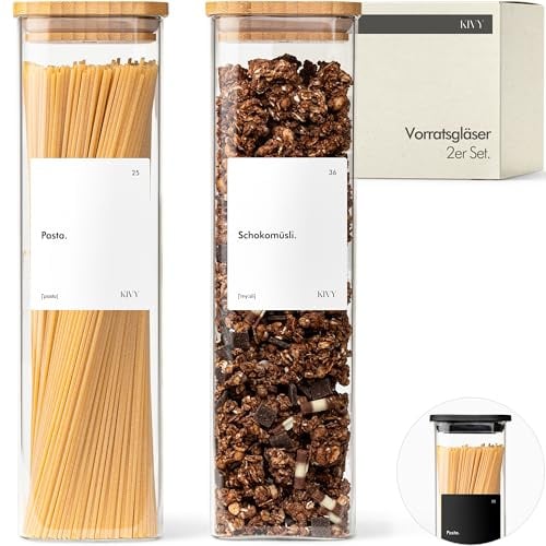 KIVY Vorratsgläser eckig - 2x 1800ml + Etiketten - Stapelbar & Luftdicht | Aufbewahrungsgläser mit Deckel - Nudelgläser mit Deckel - Spaghetti Aufbewahrung Glas Groß - BPA-Frei - Bambus