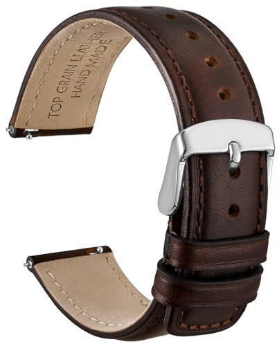 WOCCI 18mm Uhrenarmband für Herren und Damen, Echtes Leder - Top Genarbtes Leder, Schnellverschluss, Silberne Schnalle (Dunkelbraun)