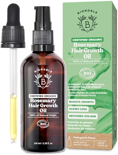 BIONOBLE Huile de Romarin pour Cheveux Bio - Favorise la Pousse et Ralentit la Chute - Huile Essentielle Romarin, Ricin, Argan et Jojoba - Rosemary Oil for Hair Growth - Flacon Verre + Pipette - 100ml