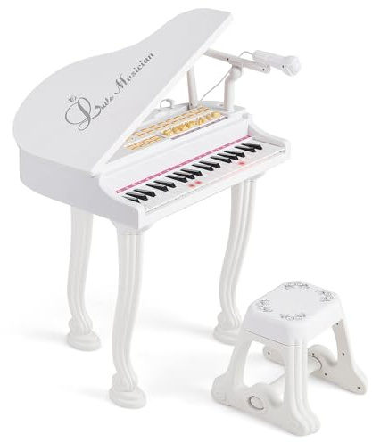 COSTWAY Kinder Keyboard mit 37 Tasten & Hocker, elektronische Klaviertastatur tragbar mit Mikrofon, LED-Lehrmodus, Aufnahme- & Wiedergabefunktion, Musikinstrument für Kinder ab 3 Jahre (Weiß)