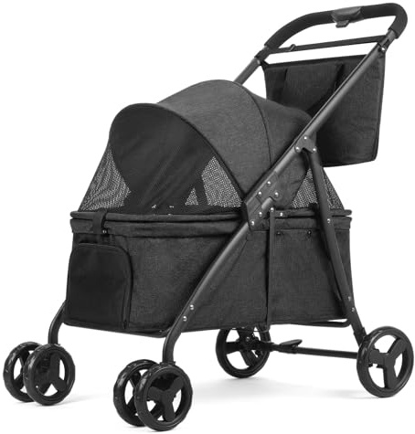 Mittelgroßer Hundebuggy für große Hunde, Haustier-Kinderwagen für 2 kleine Hunde, Haustier-Kinderwagen, All-Terrain, mit Sonnenschutz, wasserdicht, Aufbewahrungs-Organizer (Schwarz)