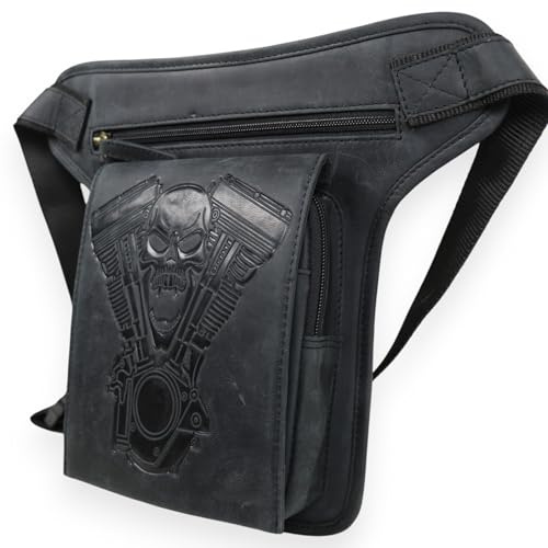 MDM Biker Beintasche aus echtem Leder - Oberschenkel Tasche Vintage, Totenkopf Motorblock Prägung (Schwarz)