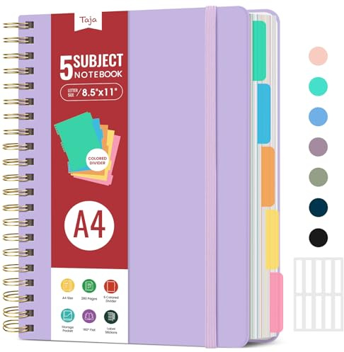 Taja Spiral Notebooks for Work 5 Subject Notebook with Removable Dividers