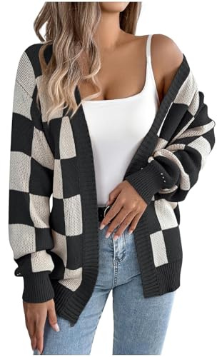 GMQWRK Damen Plaid Cardigans Trendy Color Block Knit Cardigan Damen Langarm Open Front Strickpullover Outerwear Kariertes Muster Strickwaren Herbst Winter Casual Alltag Tragen