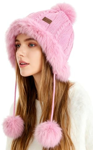 S.ROMZA Femmes Fausse Fourrure Tricotée Chapeau avec Pompon Chaud Crâne Chapeau de Neige Earsleeves Femme Bonnet d'hiver