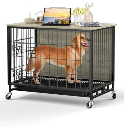 Hundekäfig Möbel, 69x51x60 cm Hundebox aus Holz & Metall, Hundehütte mit Rollen, 2 Türen & Herausnehmbares Tablett, Hundehaus für Mittelgroße Kleine Hunde bis zu 15 kg, Beistelltisch für Wohnzimmer