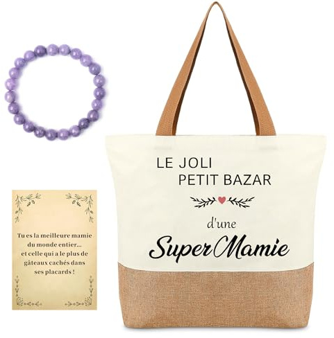 Cadeau Fete Des Grand Mere Tote Bag et Bracelet Femme,Cadeau Mamie | Cabas Courses en Toile de Jute,Pourpre Bracelet Pierre, Carte d'Amour Incluse, Pour Anniversaire, Noël et Fête des Mères
