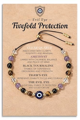 Heilsteine Armband Damen mit Evil Eye – Chakra Armband aus echten Natursteinen mit Tigerauge, Amethyst, klarem Quarz & schwarzem Turmalin, spiritueller Schmuck, mit Bedeutungs-Grußkarte Geschenk