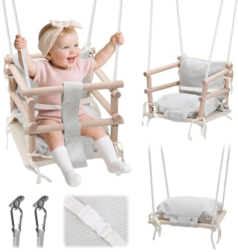 Ollewiellan Altalena per bambini per interni ed esterni, 3 in 1, in legno, regolabile in altezza (160-260 cm), con cuscino rimovibile, per giardino, portata 50 kg, a partire da 12 mesi (beige chiaro)