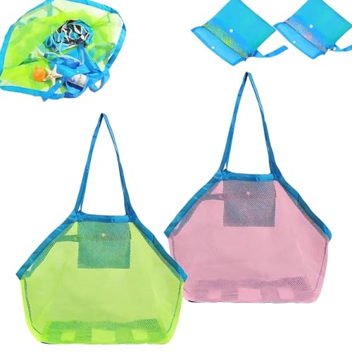 2 Stück Wiederverwendbare Und Faltbare Leichte Mesh Strandtasche Korb | Strrandspielzeug Tasche Groß, Für Strand Picknick/Wäschesack/Familie Urlaub(Blau Strap)