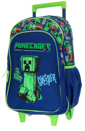 mybagstory | Sac à dos roulettes Minecraft | 2 Compartiments | Vert | Sac scolaire Creeper Boom 48cm avec poches latérales filet et système trolley robuste idéal pour l'école primaire.