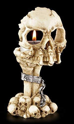 Figuren Shop GmbH Schädel Teelichthalter - Skeletthand mit Totenkopf |Gothic Kerzenhalter Kerzenständer Deko