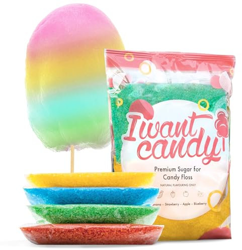 4x200g | AZO Frei | Natürliche Aromen | Apfel, Banane, Blaubeere, Erdbeere | Zucker für Zuckerwatte von I WANT CANDY®