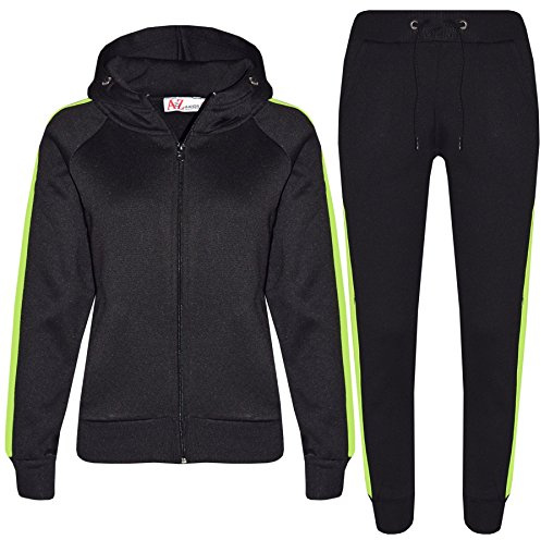 A2Z 4 Kids Girls Boys Tracksuit Plain Zipped Hooded Sweatshirt Top Bottoms Gym Jogging - T.S 102 Black Neon Green 5-6