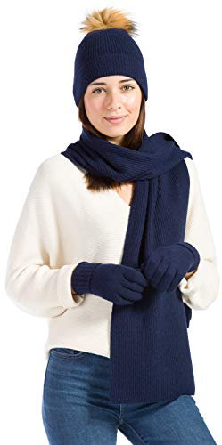 Fishers Finery Damen 3-teiliges Set aus 100 % Kaschmir, Beanie-Mütze, Handschuh und Schal, mit Geschenkbox, Marineblau, Eine Größe passt meistens