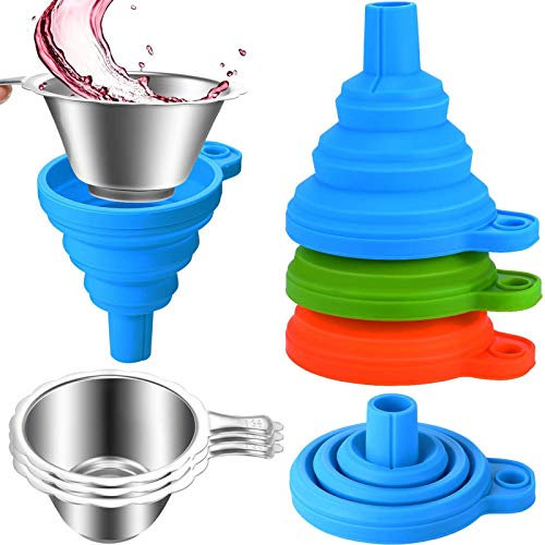 Boao 6 Pack Resin Funnels Filter 3D Printer Accessories Include Collapsible Silicone Funnels and Stainless Steel Filter Cups for Pouring Resin Back into Bottle(Blue, Orange, Green)