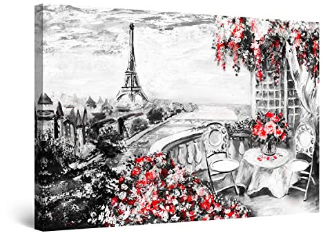 Startonight Bilder Pariser Terrasse Schwarz Weiß Rot - Leinwandbilder Moderne Kunst - Städtisch Wanddeko Kunstdrucke, Wandbilder XXL Wohnzimmer Groß Wand Bild 80 x 120 cm, Tag Nacht Effekt, Elegante
