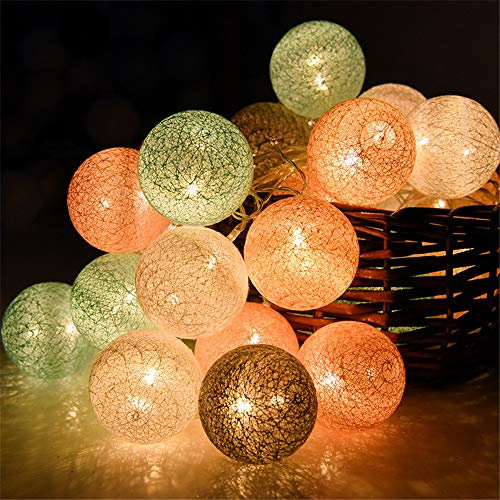 Hiser Guirlande Lumineuse Boules, Batterie Chaîne de Lumière 6cm Multicolore Boules Coton LED Cosy Romantique Décoration pour La Saint Valentin Noël Mariage Fêtes (Rose Vert,2M-20LED)