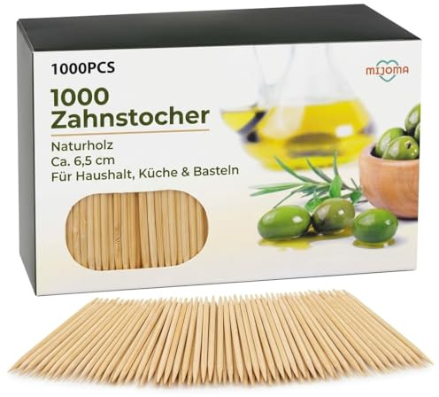 MIJOMA Palillos de madera sin tratar, con punta para higiene bucal, aperitivos y pinchos de cóctel. Ideal para el hogar, la restauración y los viajes (1000 unidades en caja)