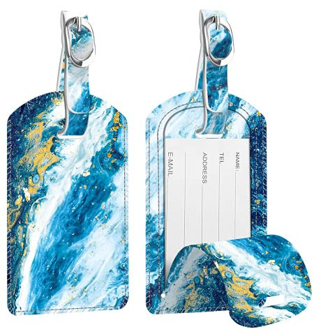[2 Stück] Fintie Kofferanhänger aus Kunstleder, Gepäckanhänger ID Etikett mit Adressschild Namenschild für Reisetasche Koffer, Meeresblau