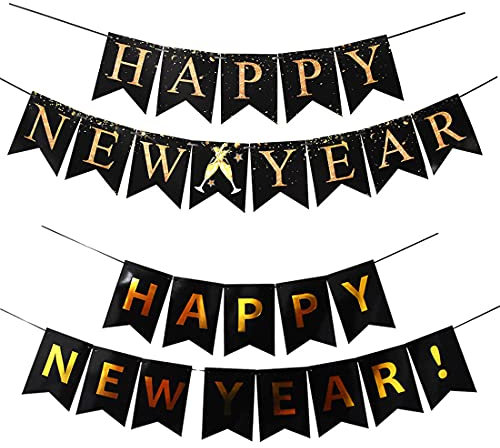 Dzrige Happy New Year Banner 2022 – Gold glänzende Buchstaben Silvester Hintergrund Schild | Happy New Year Schild für Silvester Party Supplies 2022