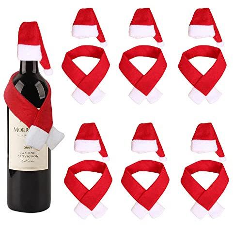 HUYIWEI 6 Teiliges Set Santa Hut Schal für Weinflasche,Mini Weihnachten Besteckhalter,Weihnachtsmütze und Rot Schal Set für Tischdeko,Weihnachten Weinflasche Abdeckung für Xmas Party Flaschendeko