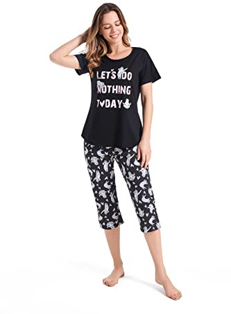 Weite Pyjama Damen Kurz Set,Capri Schlafanzug Sommer Baumwollmischung,Bequemen Lounge Set Zweiteiler Oberteil und 3/4 Hose für Frauen Freizeit Mädchen Women Nachthemd
