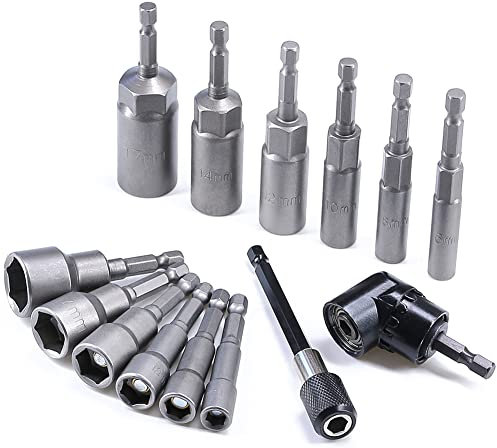 Steckschlüssel Set, 12 Stück Bitsatz für Akkuschrauber, enthält 6 Stk magnetischer Sechskantmuttern und 6 Stk tiefe Stecknuss Set, mit Sechskantschaft Verlängerungsstange und rechtwinkliger Bohrer