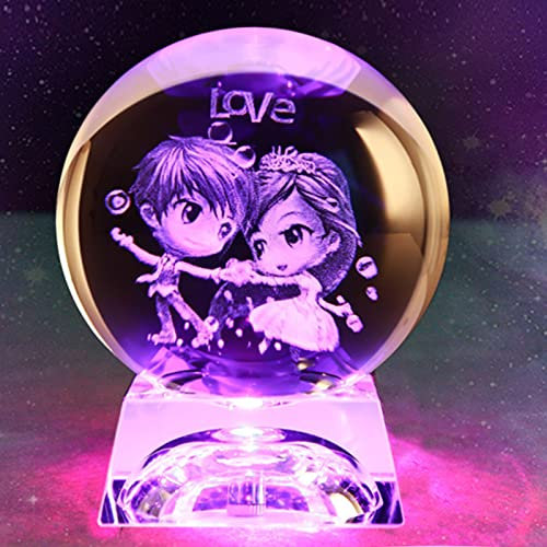 Holograma de Bola de Cristal 3D Grabado con Láser con Base de Luz LED de Colores, Decoración de Oficina en Casa, con Caja de Regalo (Love 60mm)
