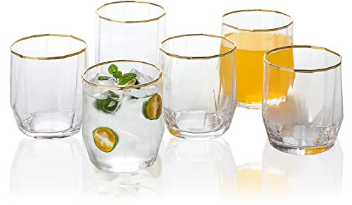 1500° C TABLETOP Gold Rim Drinking Glasses set of 6, 14.0 oz Crystal Clear Cute Water Glasses for Mojito, Cocktail, Whiskey, Soda and Mixed Drinks, Gifts for Women, Daily Use.