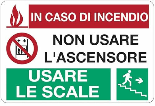 In caso di incendio non usare l'ascensore usare le scale - CARTELLO SEGNALETICO ISO 7010 in Adesivo Resistente, Pannello in Forex o Pannello In Alluminio (ADESIVO 20X31 CM)