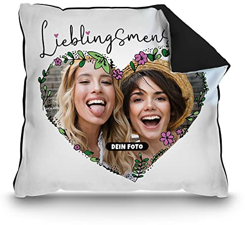 PR Print Royal Fotokissen mit Spruch - Lieblingsmensch - zum selbst gestalten Kissen mit Foto in Herzform - Geschenke zum Jahrestag | inkl. Füllung, Rückseite Schwarz, 40 x 40 cm