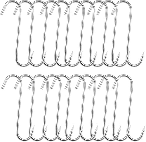 JAPCHET 20 Pack 9 Inch Meat Hooks, 8mm Thick Heavy Duty Meat Hook, Stainless Steel Butcher Hooks Meat Processing Hook for Hanging, Butchering and Smoking, Silver