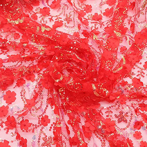 130cmx1 Yard Bestickter 3D-Pailletten-Blumen-Mesh-Stoff, Tüll Stoff für Hochzeit Geburtstag Weihnachten Fest Kommunion Party Deko,Nähen von Brautschleiern Hochzeitskleid Tischläufer Tutu Röcken,Rot