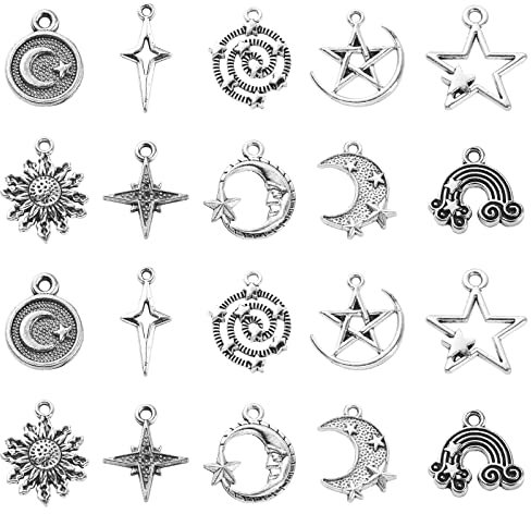 Ipotkitt 100 ciondoli rotondi piatti in stile vintage, 10 stili, a forma di sole, luna, stella, fiore, piatti, rotondi, per fai da te, gioielli, accessori